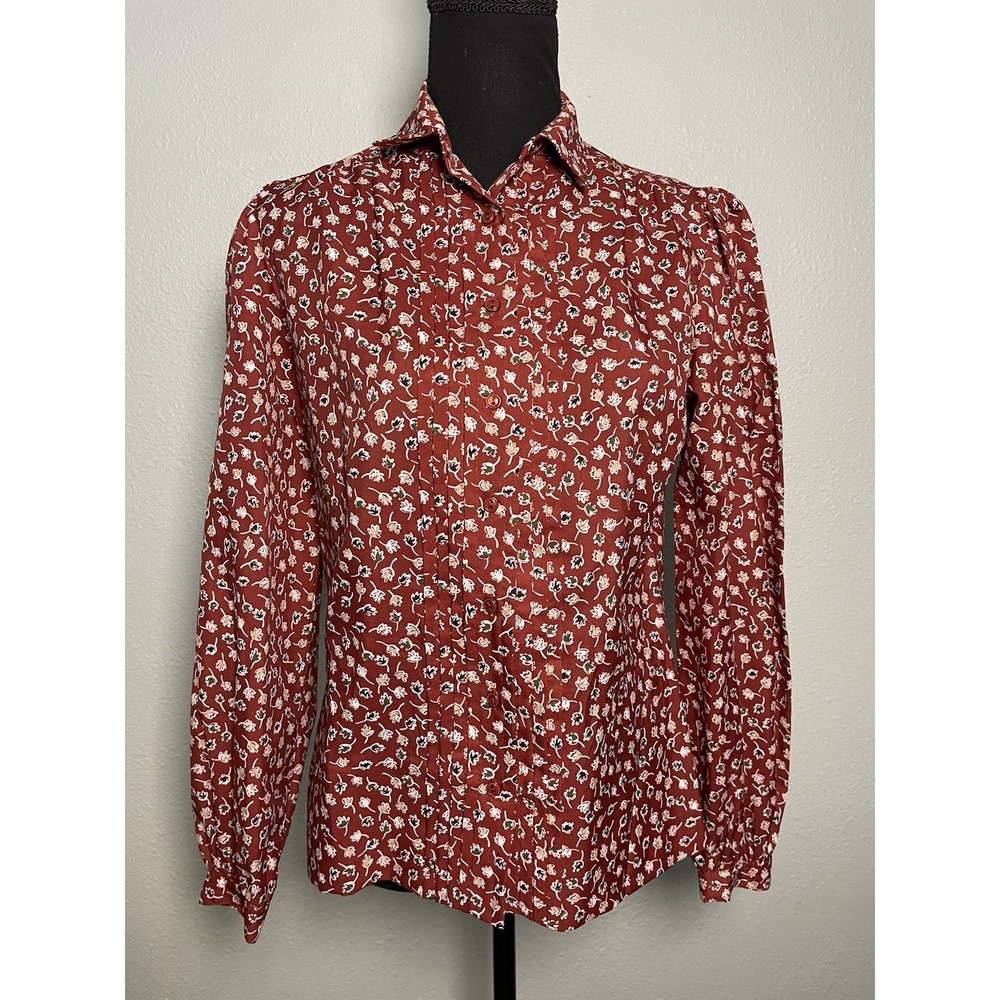 Vtg Women's‎ Button Up Blouse Pleated Puff Shoulders Burgundy Floral Print
